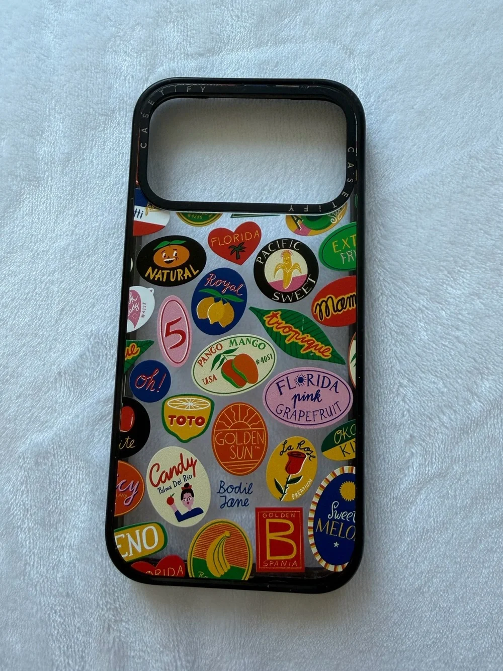 Black Phone Case with Colorful Fruit Sticker Design